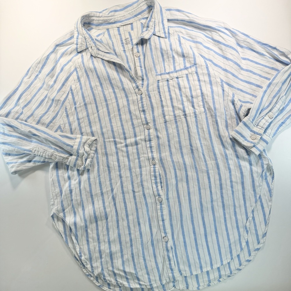 Aerie Women's Linen Blend Long Sleeve Button Down Blue White Stripes XS